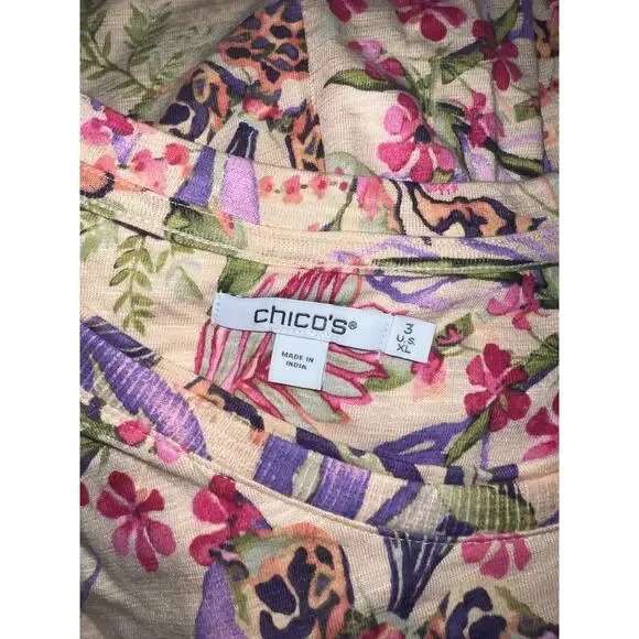 Chico's Top XL (3) Tropical Floral Elbow Sleeve Tee Sunset Peach Purple - Picture 6 of 6